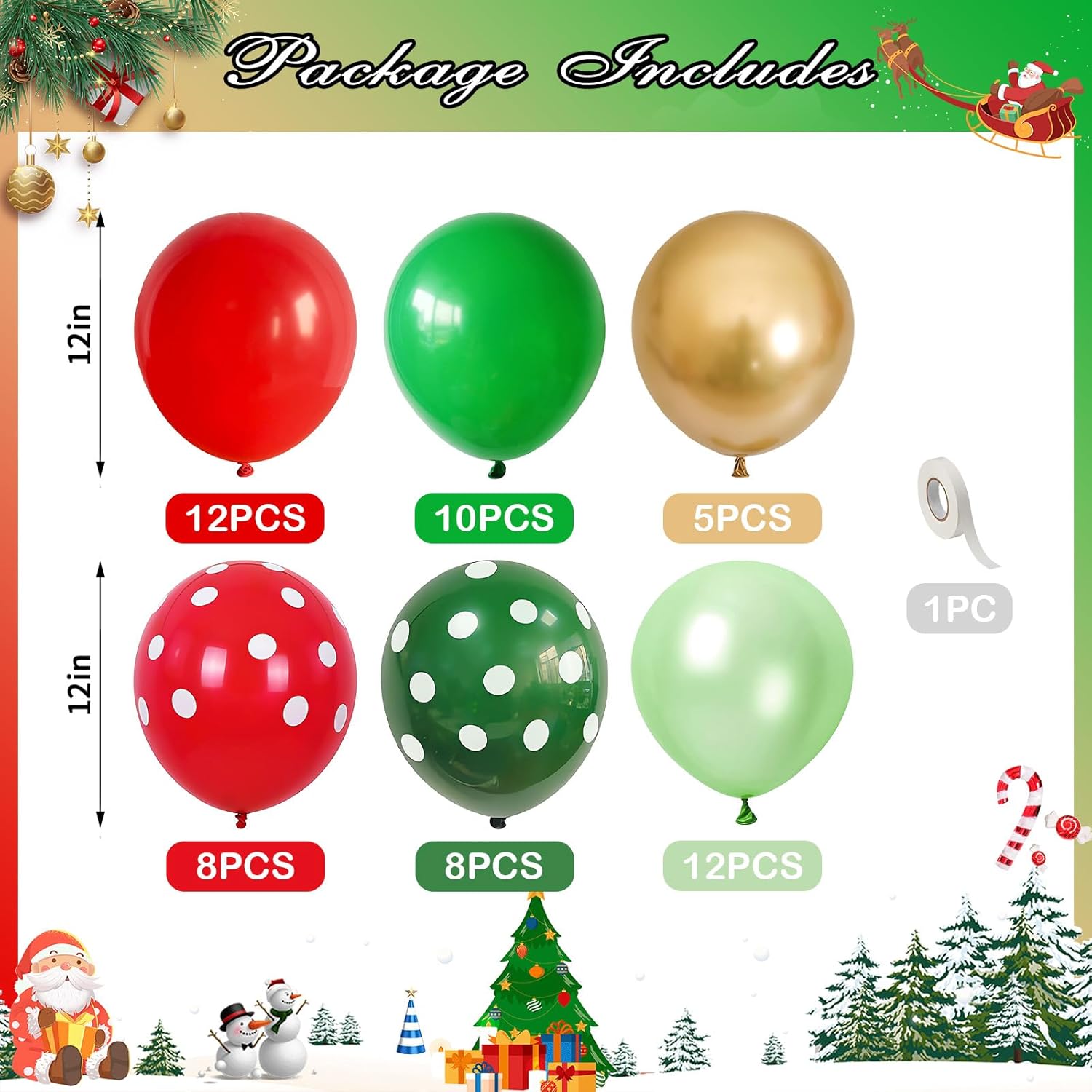 Red Green Gold Balloons 55 Pcs Xmas Balloon Red Pearl Light Green Golden Latex Party Balloons Polka Dot Balloon for Merry Christmas Ugly Sweater Friendsmas New Year Holiday Birthday Party Decor